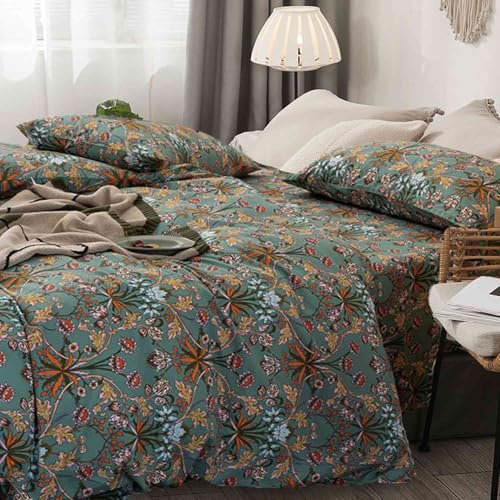 Bohemian Duvet Cover Queen Size - Boho Paisley Green Floral Pattern Printed Microfiber Comforter Cover Soft and Lightweight Quilt Cover, Retro Farmhouse Style for Women Men